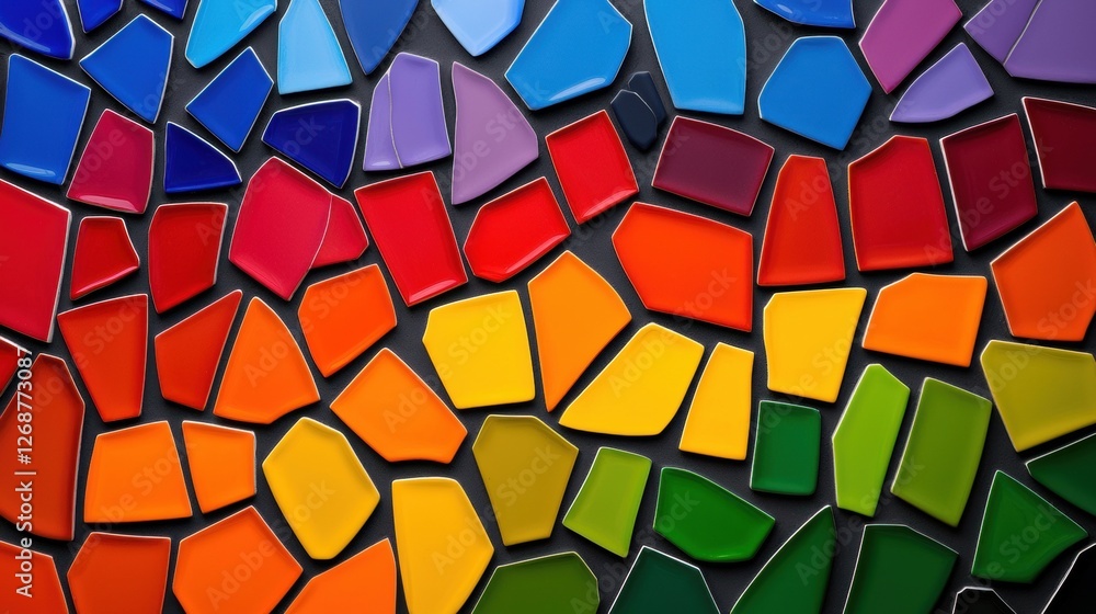Poster a vibrant mosaic of colorful tiles in various shapes and sizes, arranged in a visually appealing pat