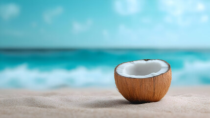 A fresh coconut half on sandy beach with turquoise ocean waves in background.