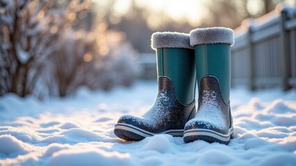 Frozen toes, Wintry garden featuring frost-rimmed boots with snowflakes embodying frozen toes concept.