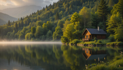Obraz premium Serene Lakeside Cabin at Sunset