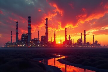 Fiery Sunset Illuminates Industrial Complex Silhouette Against a Dramatic Sky, Reflecting in a Serpentine Waterway