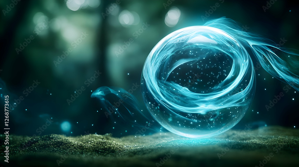 Poster a glowing orb surrounded by ethereal swirls of light in a mystical forest setting.