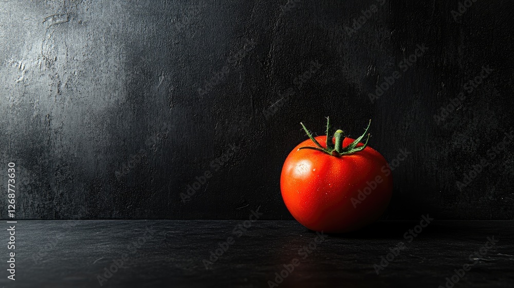 Poster a fresh tomato resting on a dark surface with a gentle light illuminating its texture, creating a mi