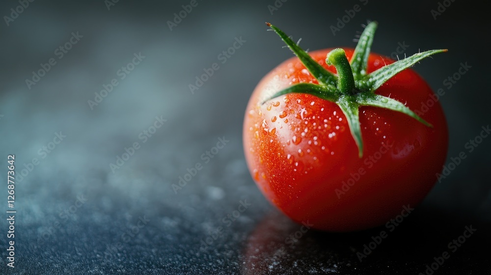 Poster a fresh tomato resting on a dark surface with a gentle light illuminating its texture, creating a mi