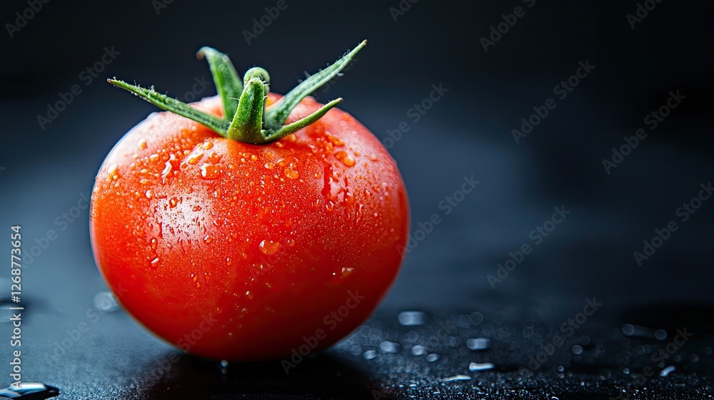 Aufkleber a fresh tomato resting on a dark surface with a gentle light illuminating its texture, creating a mi