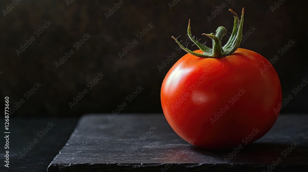 Poster a fresh tomato resting on a dark surface with a gentle light illuminating its texture, creating a mi