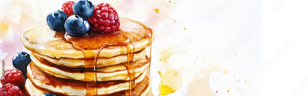 Aufkleber Close-up of fluffy pancakes topped with fresh berries and maple syrup on a watercolor background