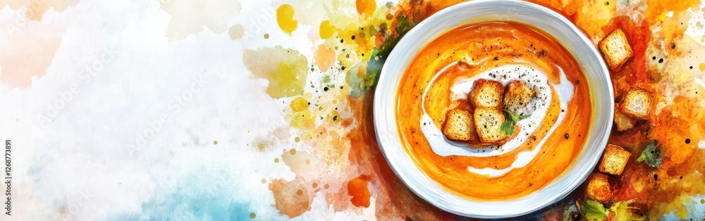 Poster close-up of a vibrant bowl of soup with croutons and swirls of cream on a watercolor background