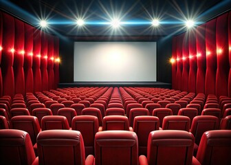 Empty Red Movie Theater Seats, Blank White Screen, Cinematic Background - Copy Space