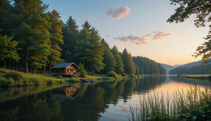 Obraz premium Peaceful Lake View with Cozy Cottage