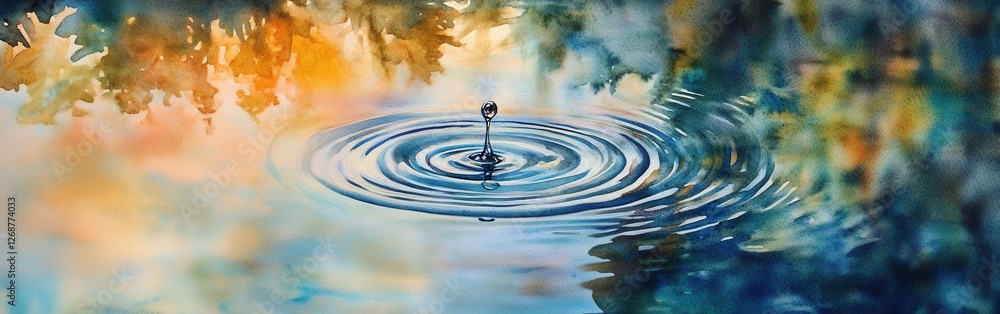 Poster close-up of a water droplet creating ripples in a serene pond with a watercolor background of soft c