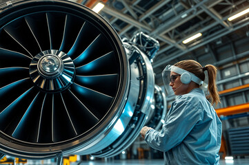 Woman stands near a large jet engine in a hangar.