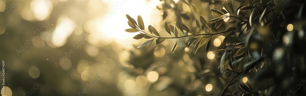 Fototapete Bokeh lights softly illuminate muted foliage creating a serene and tranquil atmosphere during golden hour