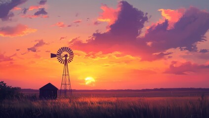 Sunset windmill farm field rural dusk landscape