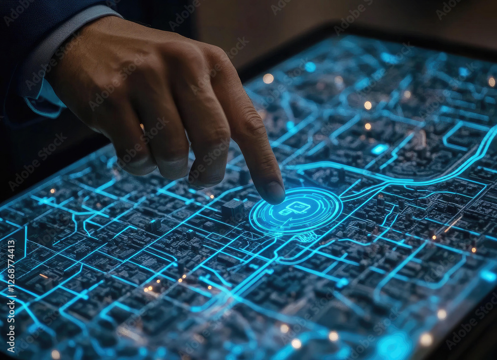 Poster a hand interacts with a futuristic digital city map interface on a large touchscreen device