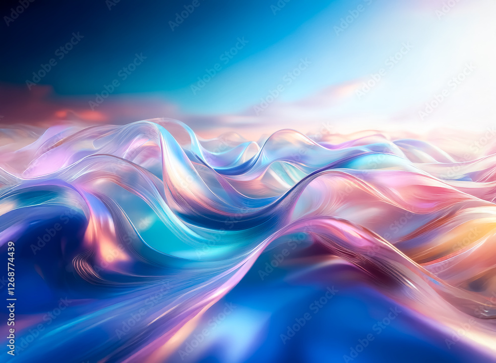 Poster abstract iridescent waves flow under a bright sky, creating a mesmerizing and fluid visual texture.