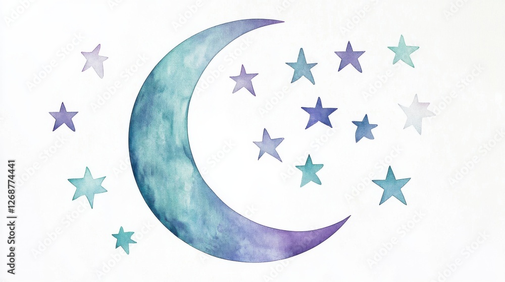 Poster soft silhouette of a moon and stars in pastel colors against a light background, creating a serene n