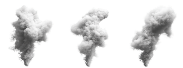 Dense white smoke plume collection. Isolated on transparent background. Generative AI