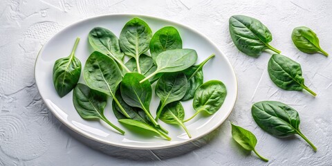 Obraz premium Fresh Raw Spinach Leaves on a White Plate for Healthy Cooking