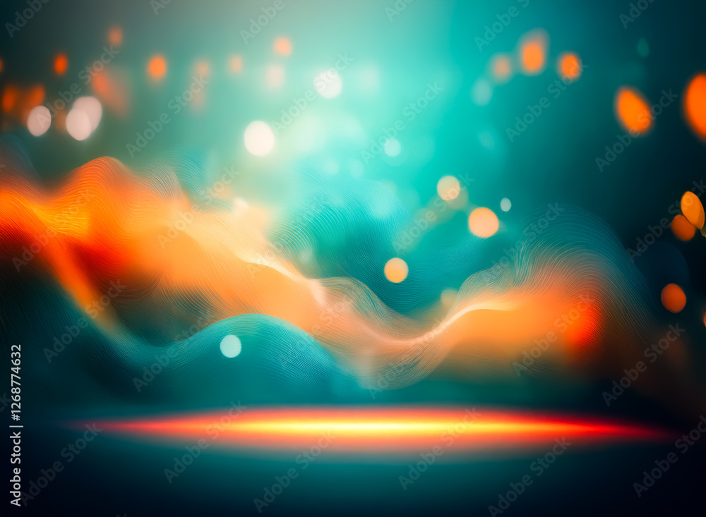 Aufkleber abstract background showcasing teal and orange swirling elements with soft bokeh lights and a bright