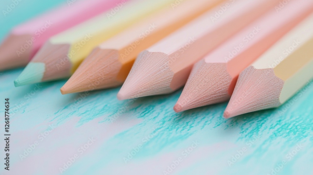 Aufkleber Vibrant colored pencils arranged in a gradient on a soft teal background for artistic expression