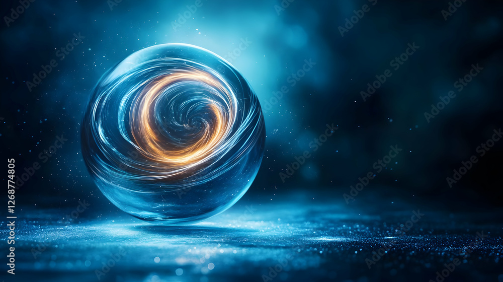 Poster a mesmerizing swirling orb of blue light with a golden core, creating a captivating visual effect.