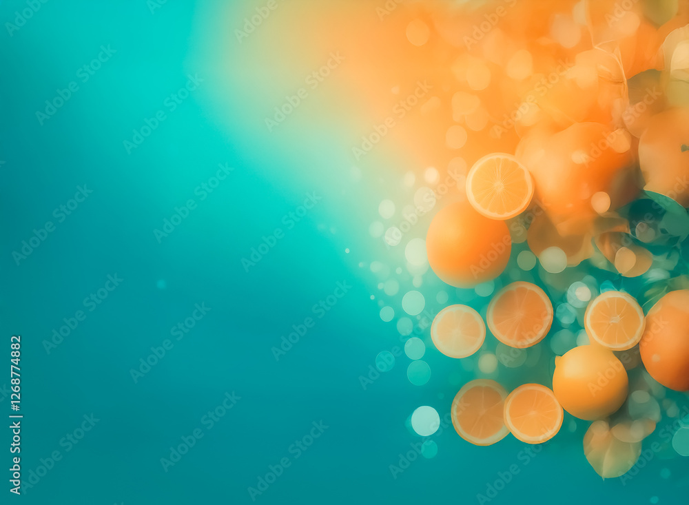 Poster bright oranges and citrus slices are scattered on a teal surface with bokeh lights, creating a fresh