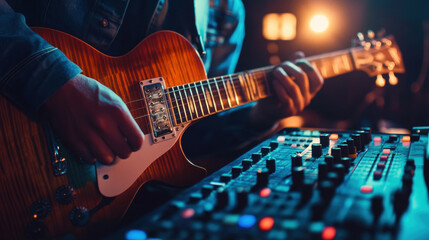 Obraz premium Close up of hands of professional artist man musician playing bass guitar and mixing console with collaborating music producer to create sounds in studio. 