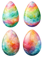 Colorful watercolor eggs, vibrant pastel patterns, decorative art, festive spring theme, Easter celebration imagery.