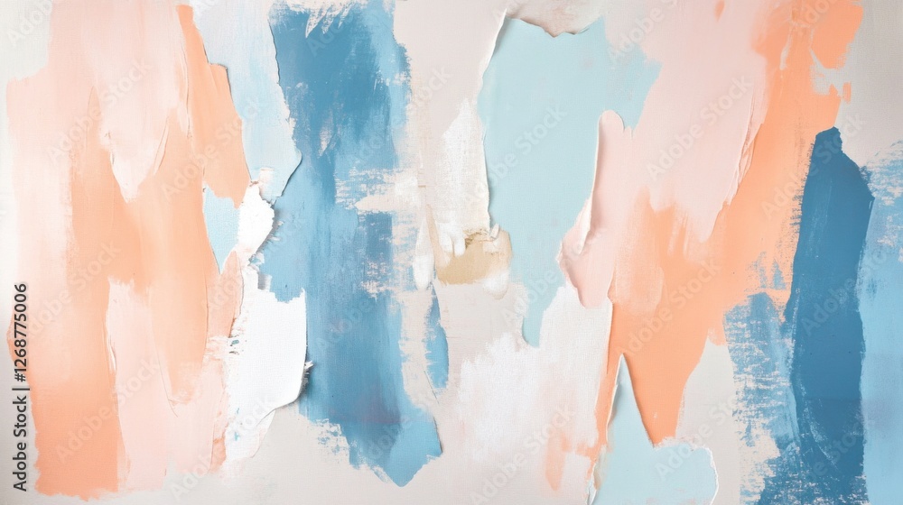 Poster soft pencil strokes and torn patches in pastel create an abstract composition of colors and textures