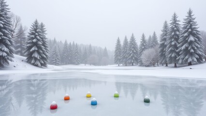 Group skating, Snowy meadow with evergreen trees markers on frozen pond for skating.