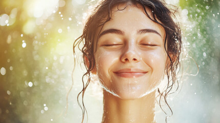 Smiling Indian young girl closed her eyes joyful in beautiful droplets suspended around her glowing skin from the waterfall on summer splash water in tropical garden