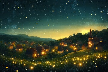 Picturesque village illuminates under a beautiful starry night sky