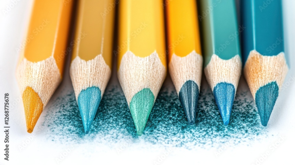Poster soft pencil strokes create a gradient of color transitioning from yellow to teal on a clean white su