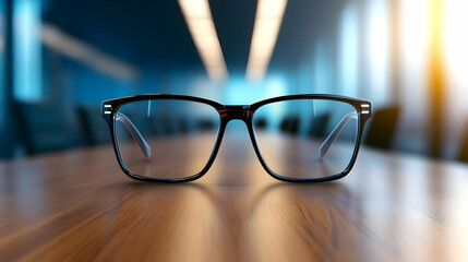 A pair of stylish glasses on a wooden table in a modern office setting.