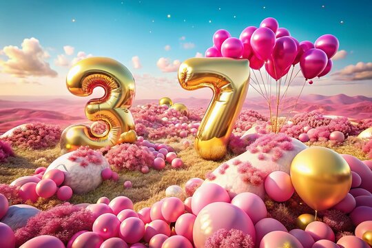 Aerial 37th Birthday Celebration: Gold Number Balloons on Pink Background