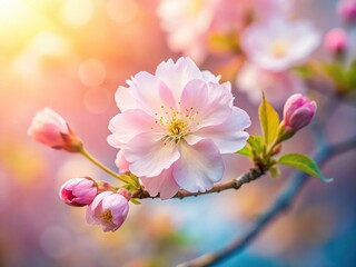 Obraz premium Serene Single Cherry Blossom: Pastel Spring Bloom, Soft Focus, Copy Space