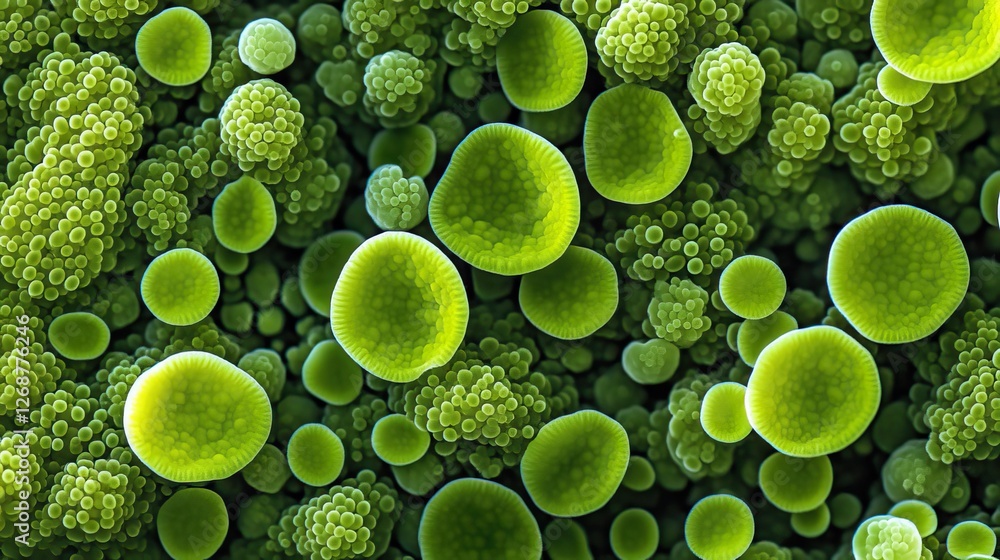 Poster a microscopic view of algae cells, showcasing their structure and biological properties.