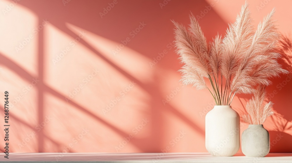 Poster soft pastel coral and pink haze backdrop enhances elegant vase display with pampas grass, creating a