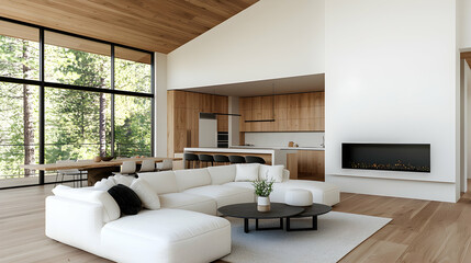 Modern living room with fireplace, forest view