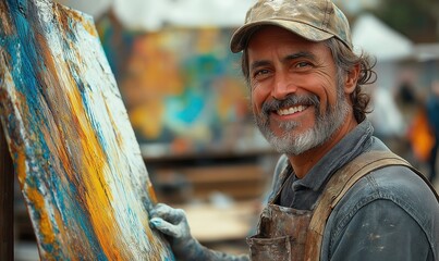 Smiling man in construction zone near colorful wall.
