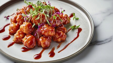 A gourmet presentation of General  Chicken, artistically plated with a drizzle of sauce and a touch of microgreens, placed on a marble countertop