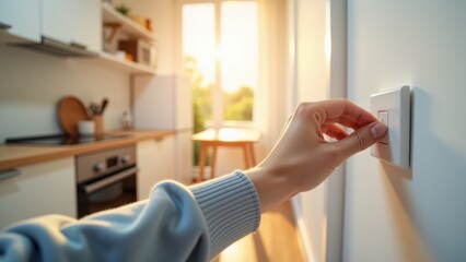 Hand turning off a switch, Hand reaching for light switch in well-lit kitchen