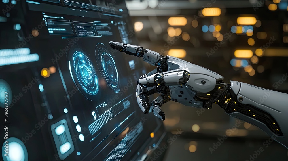 Poster a robotic hand interacting with a digital holographic touch screen.