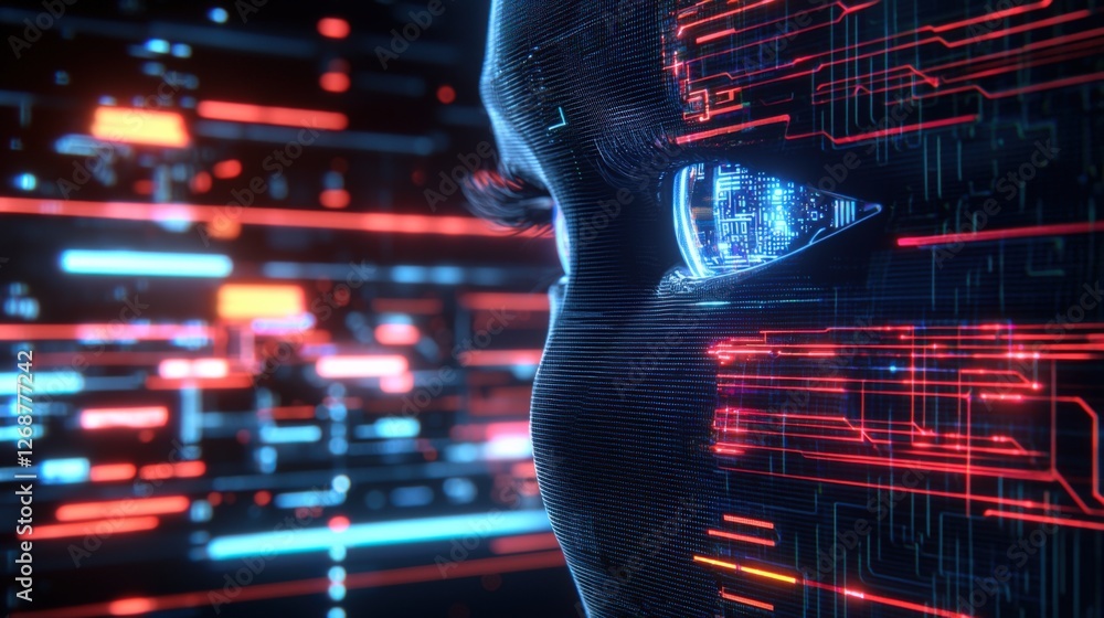 Poster exploring futuristic technology digital eye interface virtual reality lab digital art neon environme
