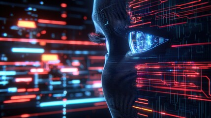 Exploring futuristic technology digital eye interface virtual reality lab digital art neon environment side view artificial intelligence concept