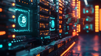 Fototapeta premium Futuristic AI-Powered Financial and Crypto Blockchain Security System with Holographic Data Visualization