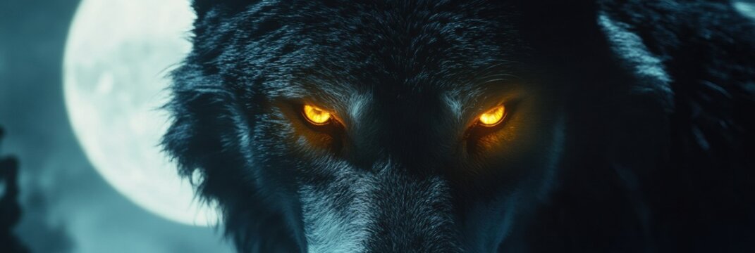 Majestic wolf with glowing eyes under a full moon in a mystical forest at night. Generative AI
