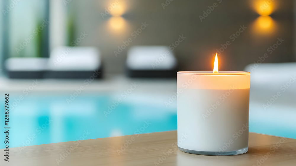 Poster a serene candle burning beside a tranquil pool, creating a peaceful and relaxing atmosphere.