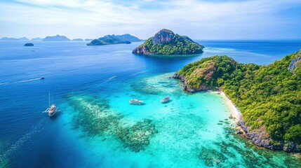 Fototapeta premium Tropical island with turquoise waters and lush greenery invites relaxation and adventure